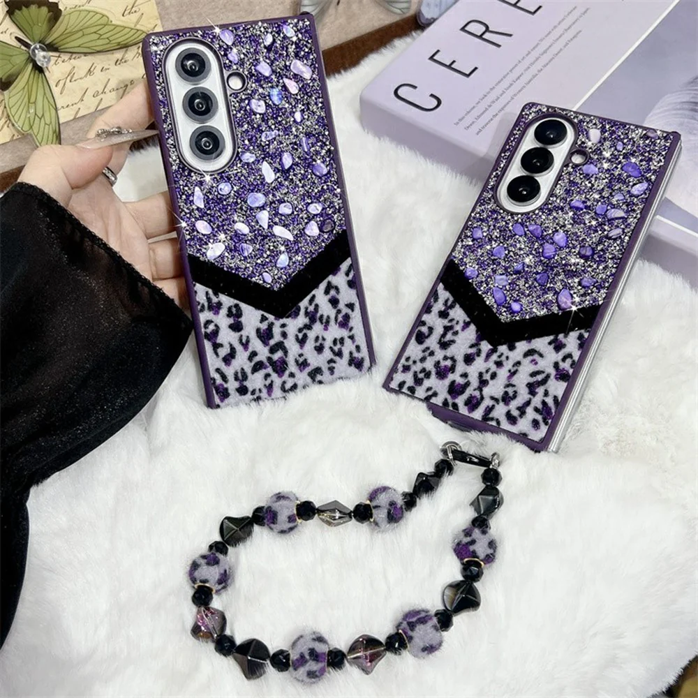 For Samsung Galaxy Z Fold7 5G Case Stone Decor Glitter Leopard Splicing Plush PC Phone Cover with Hand Chain - Purple - Image 3