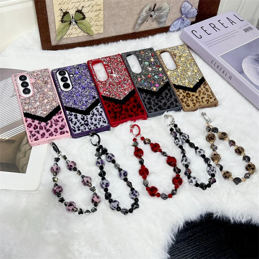 For Samsung Galaxy Z Fold7 5G Case Stone Decor Glitter Leopard Splicing Plush PC Phone Cover with Hand Chain - Purple - Image 7