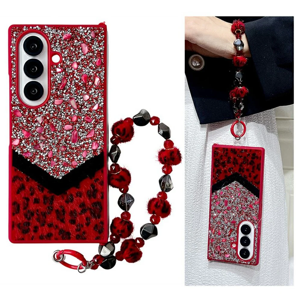For Samsung Galaxy Z Fold7 5G Case Stone Decor Glitter Leopard Splicing Plush PC Phone Cover with Hand Chain - Red - Image 2