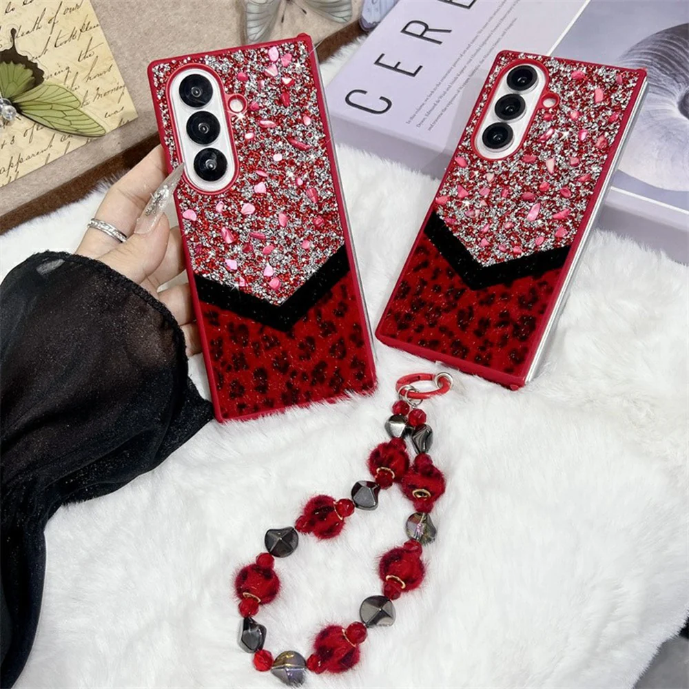 For Samsung Galaxy Z Fold7 5G Case Stone Decor Glitter Leopard Splicing Plush PC Phone Cover with Hand Chain - Red - Image 3
