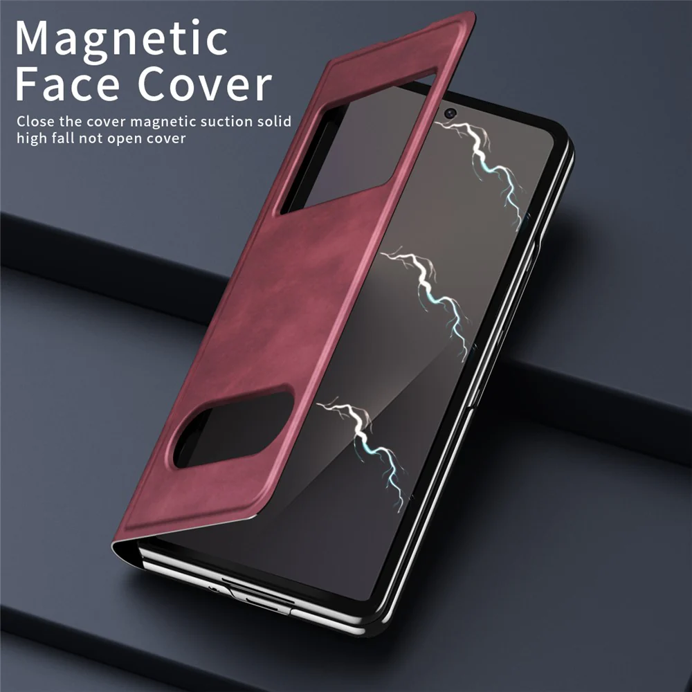 For Samsung Galaxy Z Fold7 5G Case View Window PU Leather Phone Cover - Red - Image 3