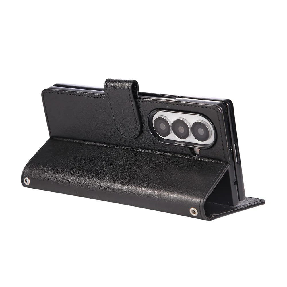 For Samsung Galaxy Z Fold7 5G Case Wallet Stand PU Leather Phone Cover with Wrist Strap - Black - Image 2