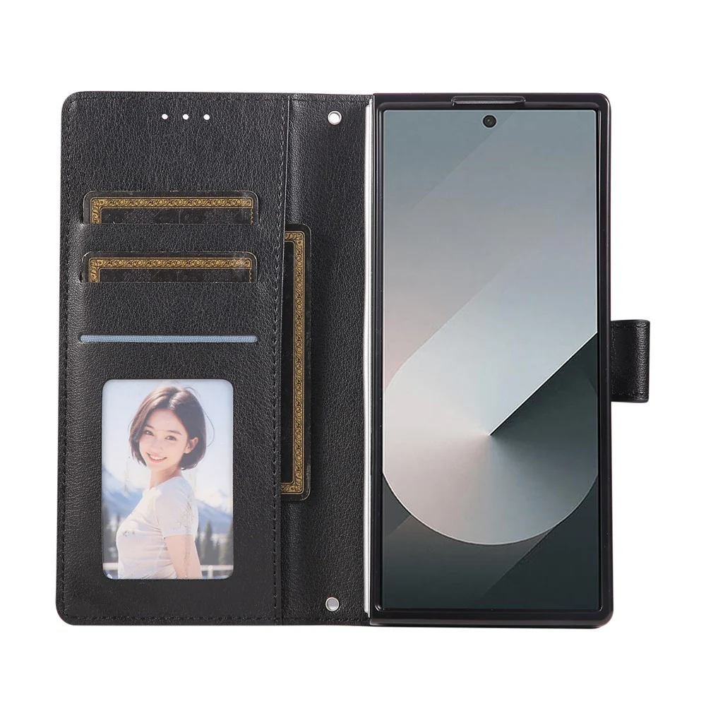 For Samsung Galaxy Z Fold7 5G Case Wallet Stand PU Leather Phone Cover with Wrist Strap - Black - Image 3