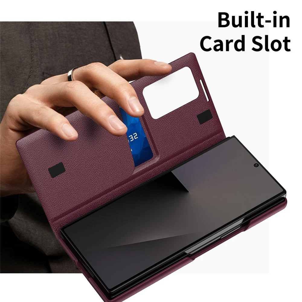 For Samsung Galaxy Z Fold7 5G Case with Card Holder Smart View Window Leather Phone Cover - Wine Red - Image 2