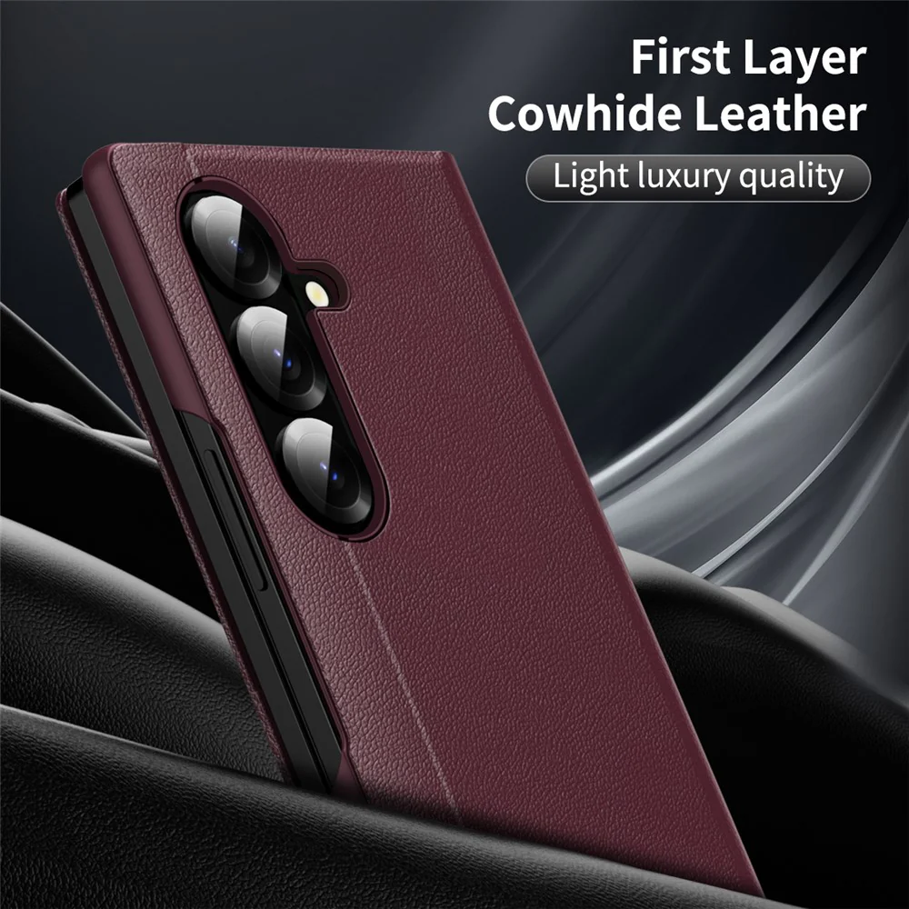 For Samsung Galaxy Z Fold7 5G Case with Card Holder Smart View Window Leather Phone Cover - Wine Red - Image 4