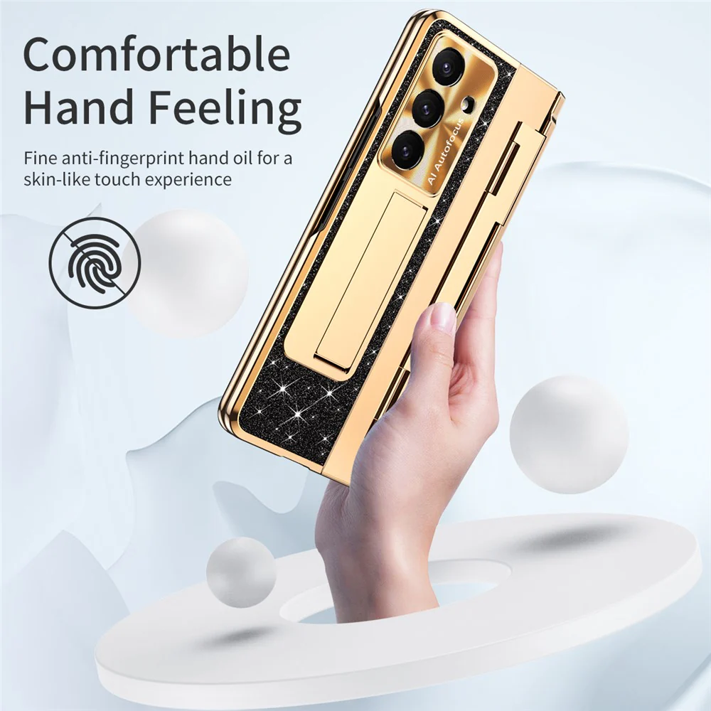 For Samsung Galaxy Z Fold7 5G Case with Kickstand Hinge Protection Rhinestone Glitter PC Phone Cover - Black - Image 2