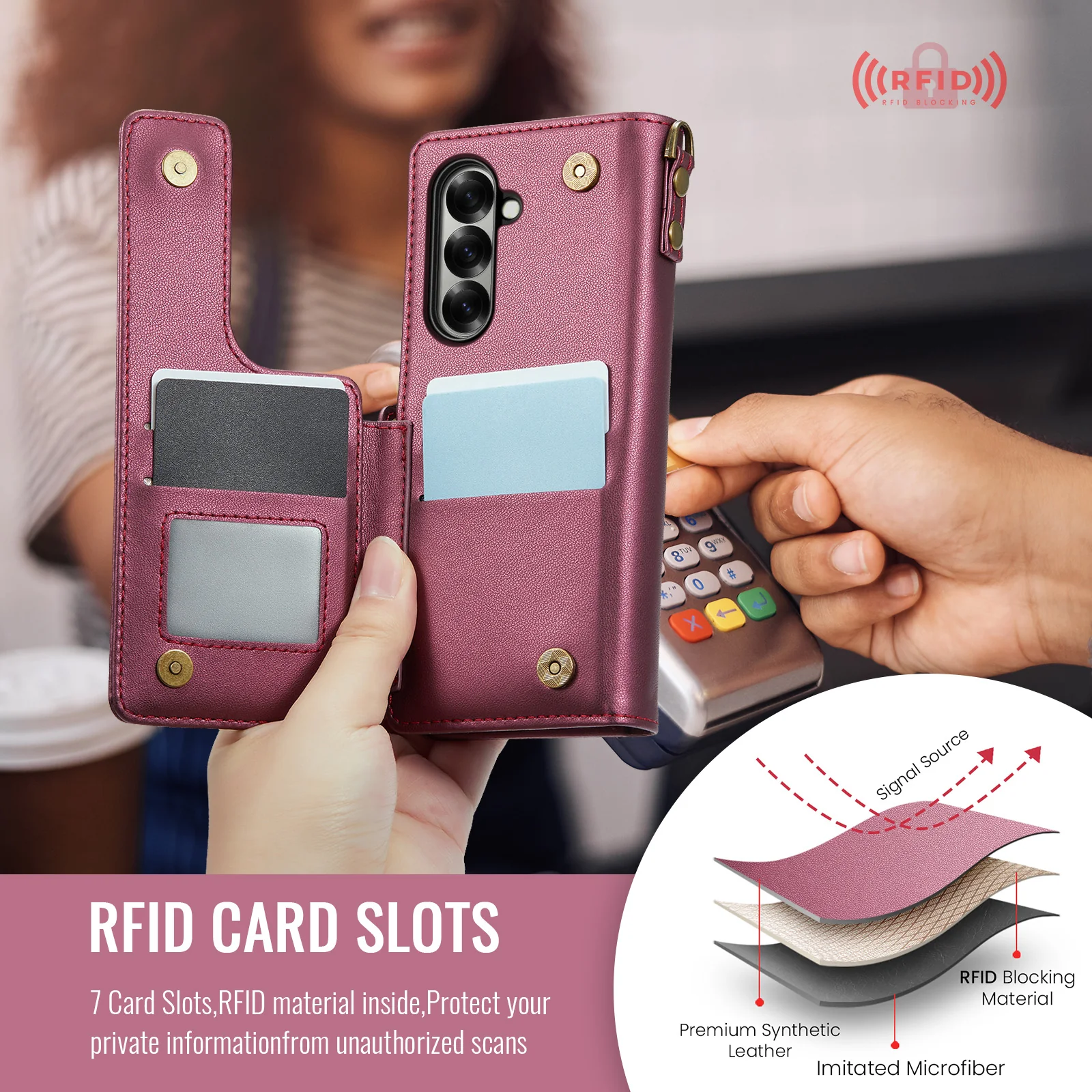 For Samsung Galaxy Z Fold7 5G Case with RFID Blocking 5 Card Slots CASEME C22 Leather Back Cover - Red - Image 6