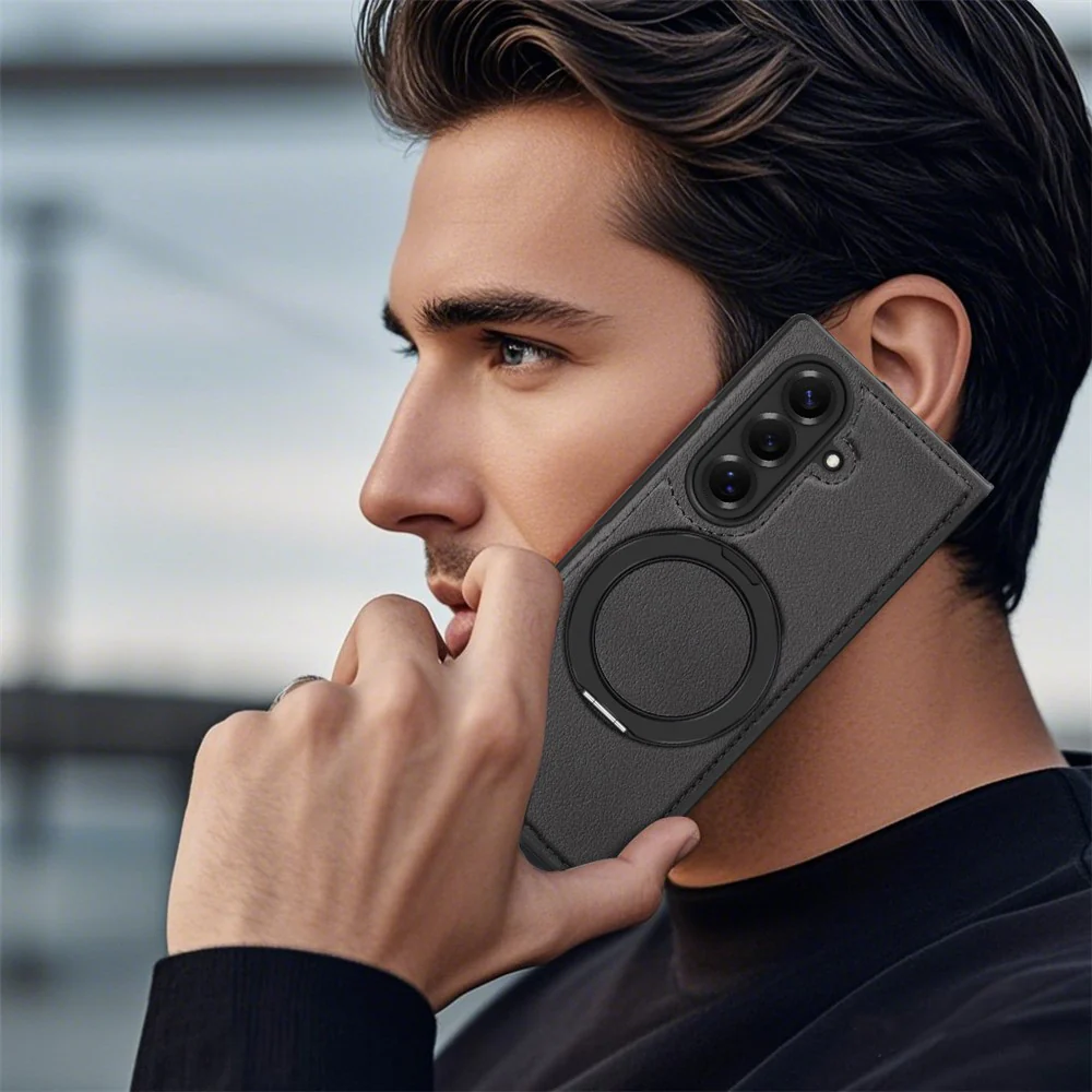 For Samsung Galaxy Z Fold7 5G Case with Ring Kickstand Compatible with MagSafe PU Leather Back Cover - Black - Image 8