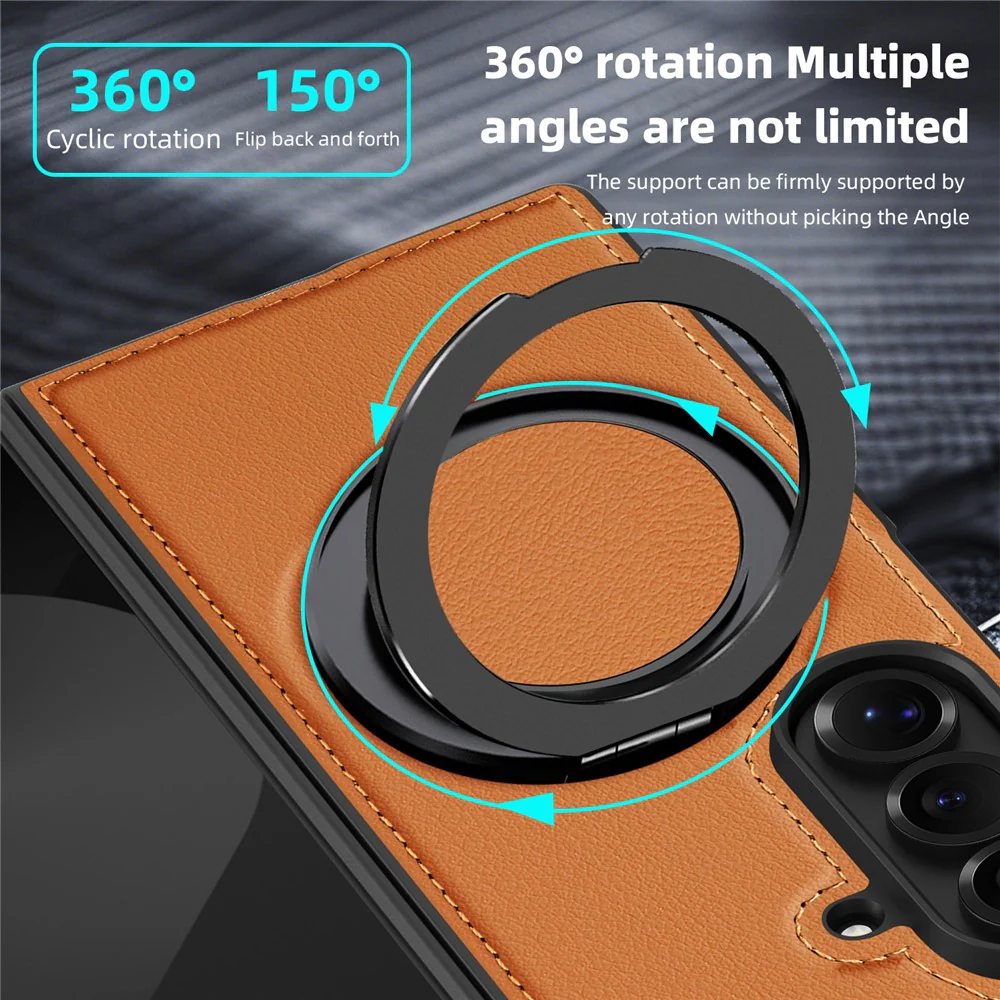 For Samsung Galaxy Z Fold7 5G Case with Ring Kickstand Compatible with MagSafe PU Leather Back Cover - Brown - Image 3