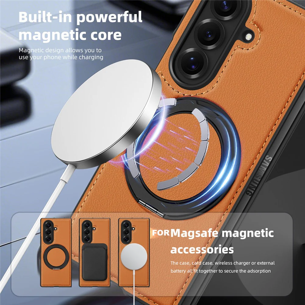For Samsung Galaxy Z Fold7 5G Case with Ring Kickstand Compatible with MagSafe PU Leather Back Cover - Brown - Image 4