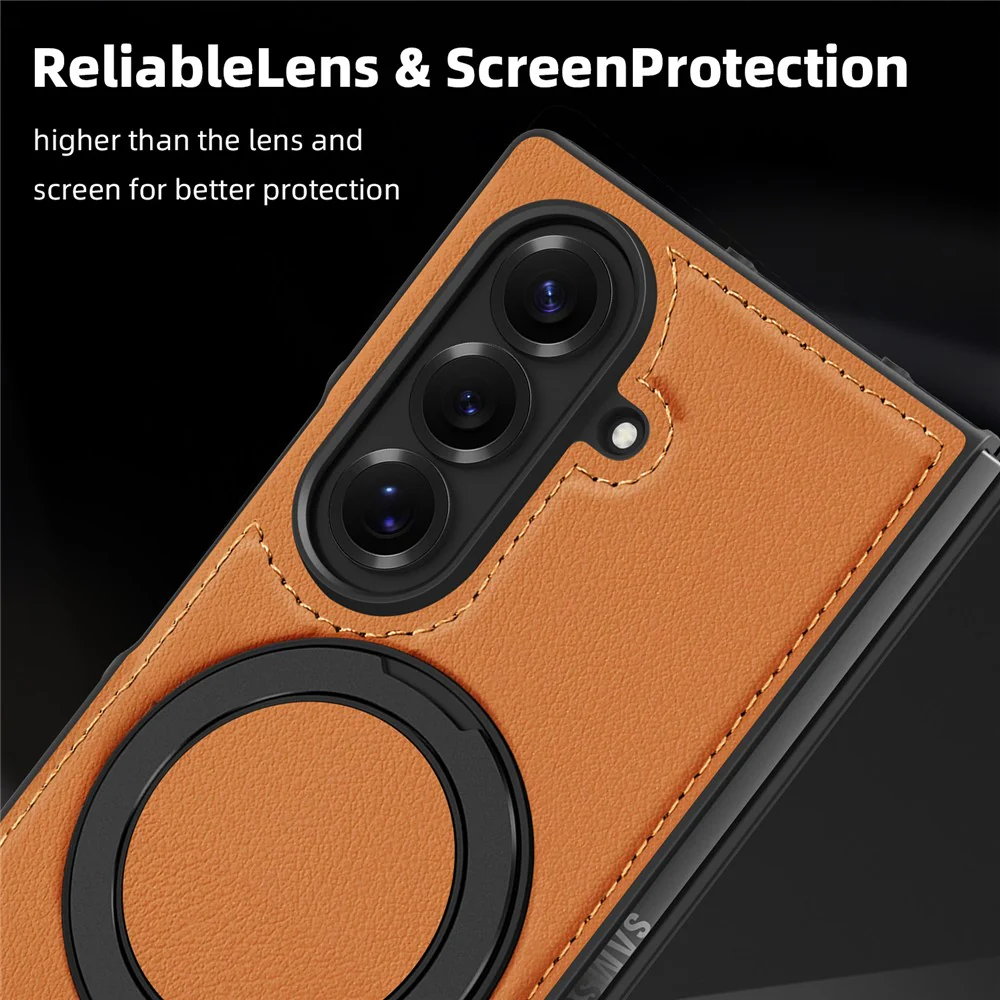 For Samsung Galaxy Z Fold7 5G Case with Ring Kickstand Compatible with MagSafe PU Leather Back Cover - Brown - Image 7