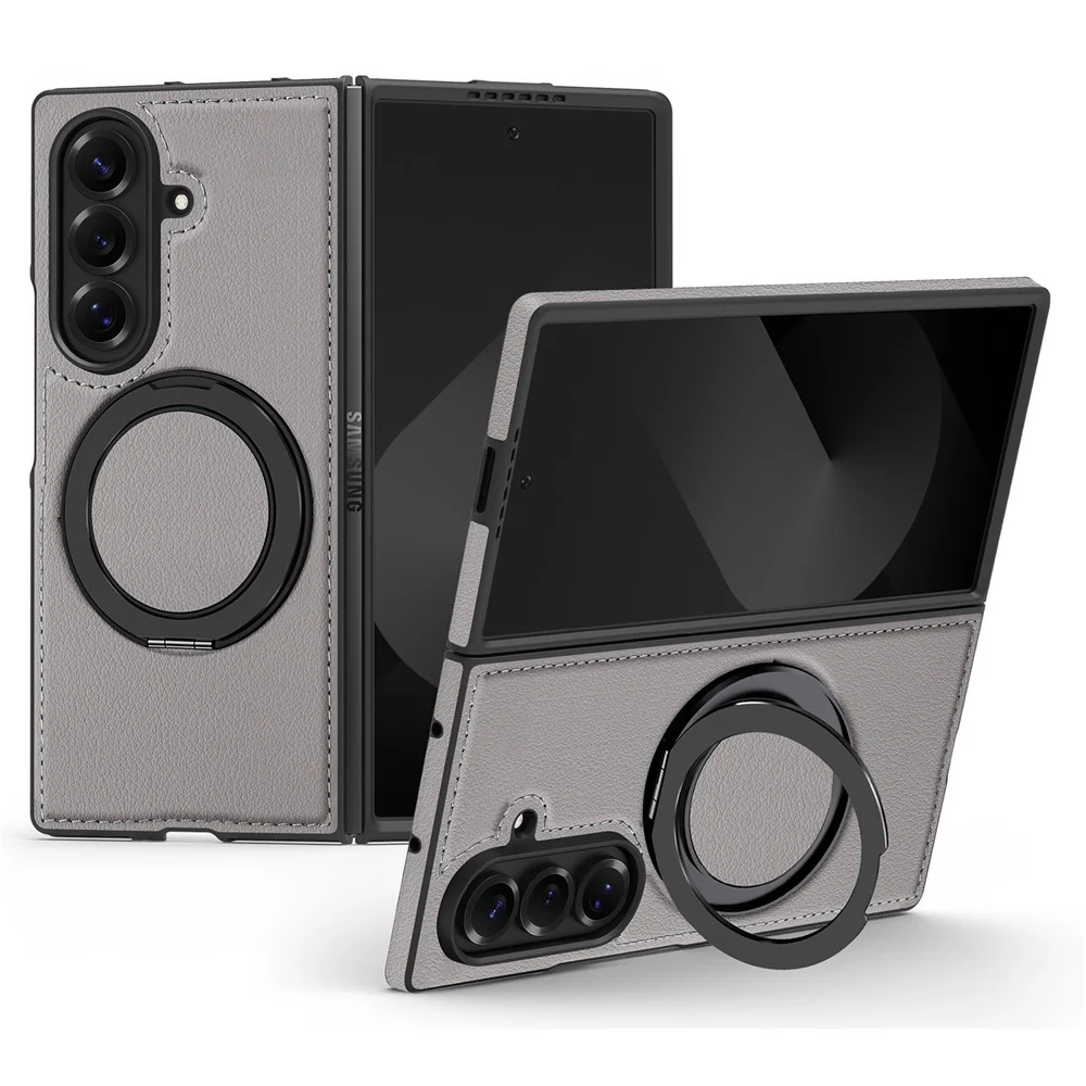 For Samsung Galaxy Z Fold7 5G Case with Ring Kickstand Compatible with MagSafe PU Leather Back Cover - Grey