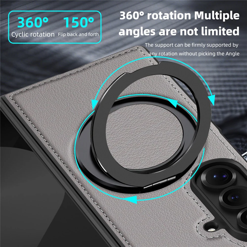 For Samsung Galaxy Z Fold7 5G Case with Ring Kickstand Compatible with MagSafe PU Leather Back Cover - Grey - Image 4