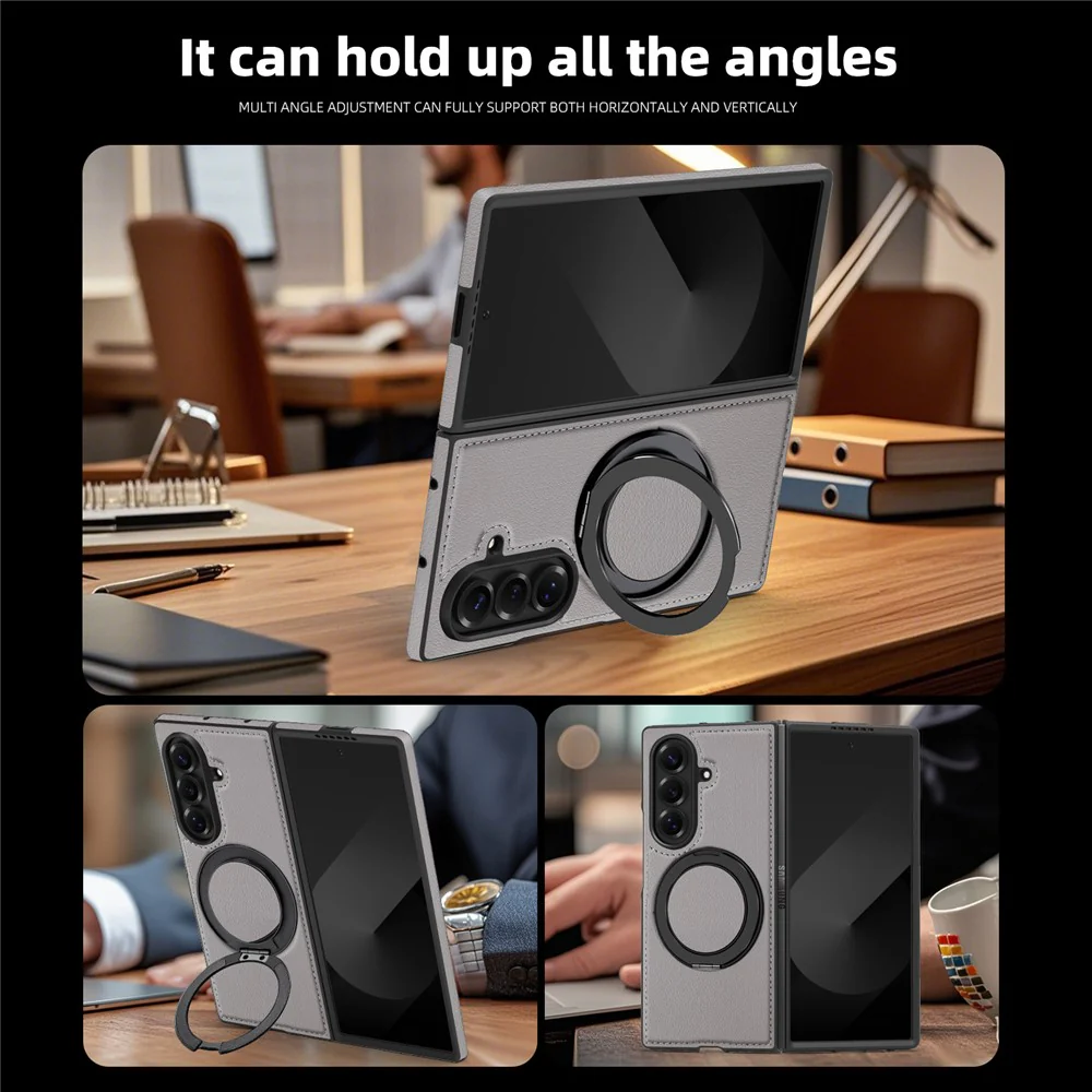 For Samsung Galaxy Z Fold7 5G Case with Ring Kickstand Compatible with MagSafe PU Leather Back Cover - Grey - Image 5