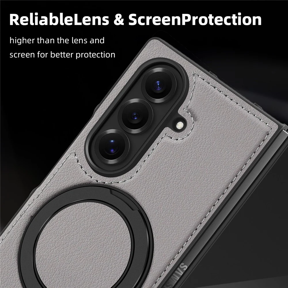 For Samsung Galaxy Z Fold7 5G Case with Ring Kickstand Compatible with MagSafe PU Leather Back Cover - Grey - Image 6
