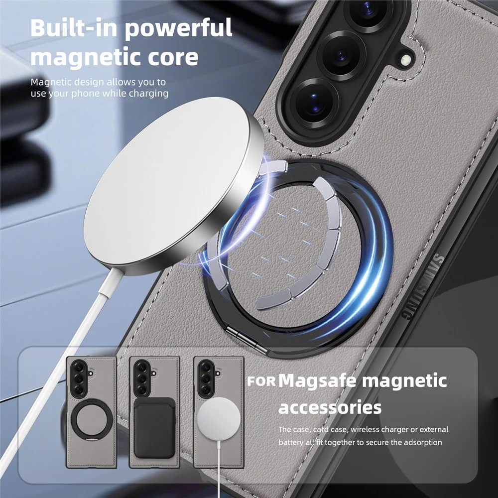 For Samsung Galaxy Z Fold7 5G Case with Ring Kickstand Compatible with MagSafe PU Leather Back Cover - Grey - Image 7