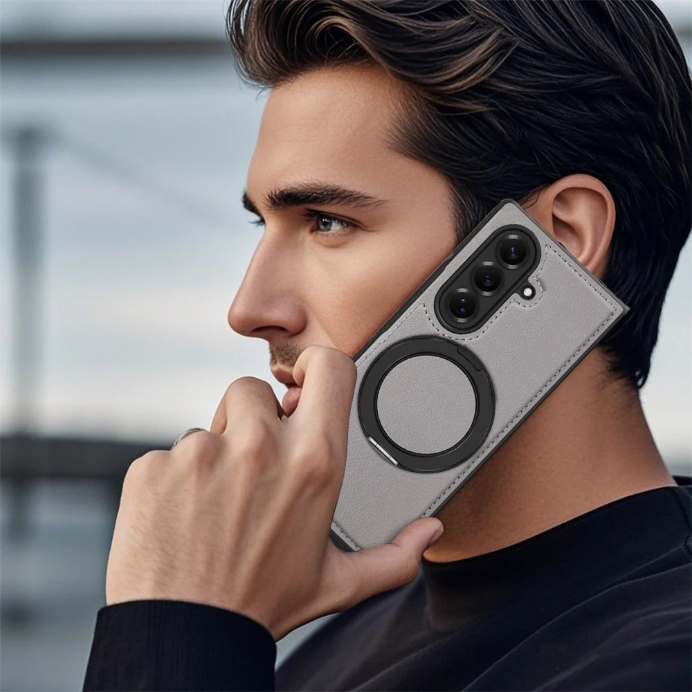 For Samsung Galaxy Z Fold7 5G Case with Ring Kickstand Compatible with MagSafe PU Leather Back Cover - Grey - Image 8