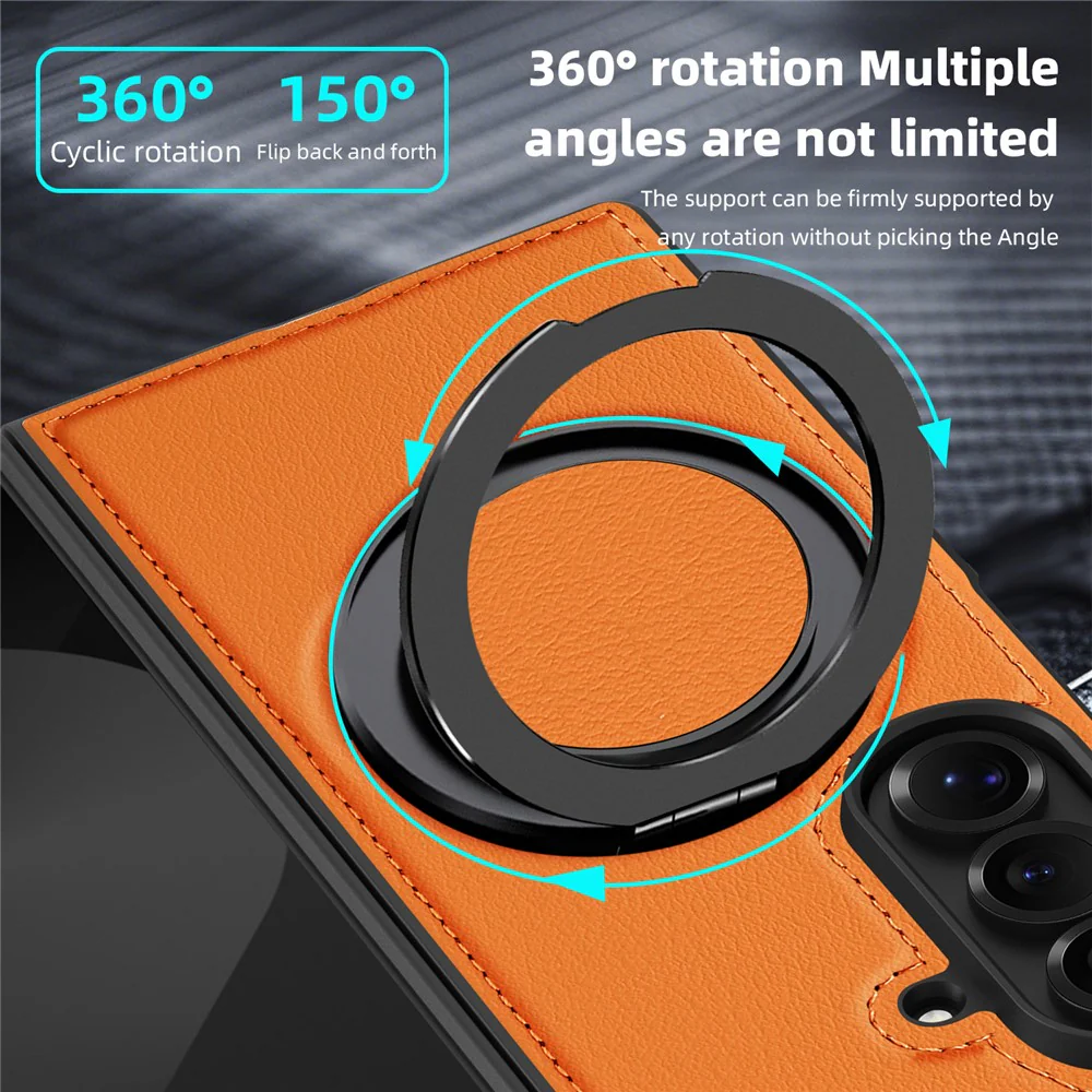 For Samsung Galaxy Z Fold7 5G Case with Ring Kickstand Compatible with MagSafe PU Leather Back Cover - Orange - Image 3