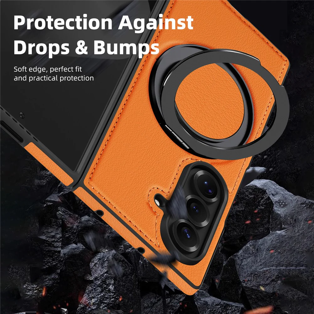 For Samsung Galaxy Z Fold7 5G Case with Ring Kickstand Compatible with MagSafe PU Leather Back Cover - Orange - Image 4