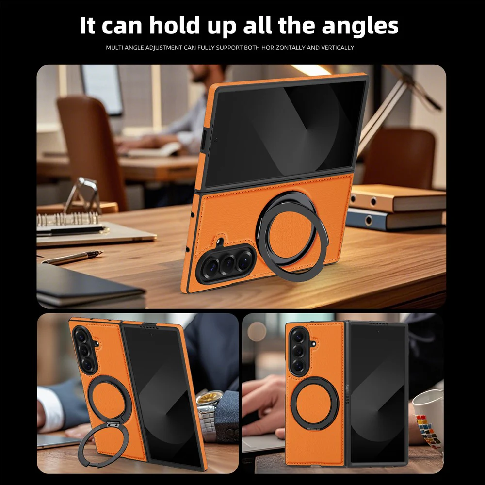 For Samsung Galaxy Z Fold7 5G Case with Ring Kickstand Compatible with MagSafe PU Leather Back Cover - Orange - Image 7