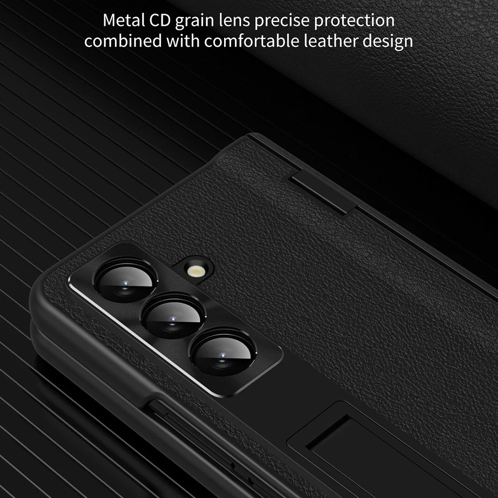 For Samsung Galaxy Z Fold7 5G Case with Tempered Glass Film Kickstand PC + PU Leather Folding Phone Cover - Gold - Image 4