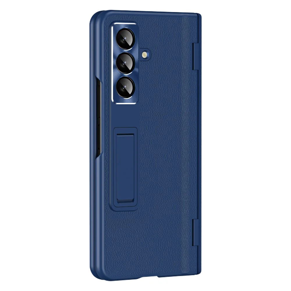 For Samsung Galaxy Z Fold7 5G Case with Tempered Glass Film Kickstand PC + PU Leather Folding Phone Cover - Sapphire - Image 2
