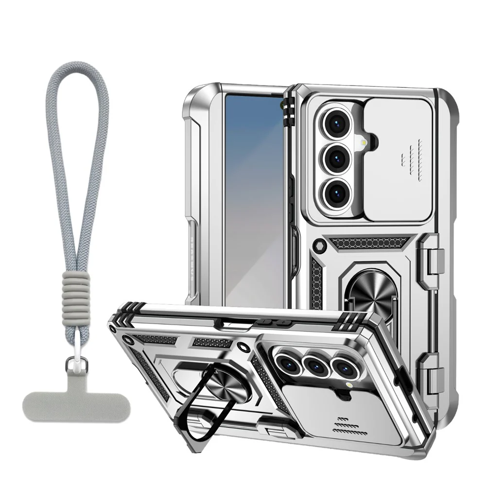 For Samsung Galaxy Z Fold7 5G Case with Wrist Strap / Kickstand Hinge Protection PC + TPU Phone Cover - Silver