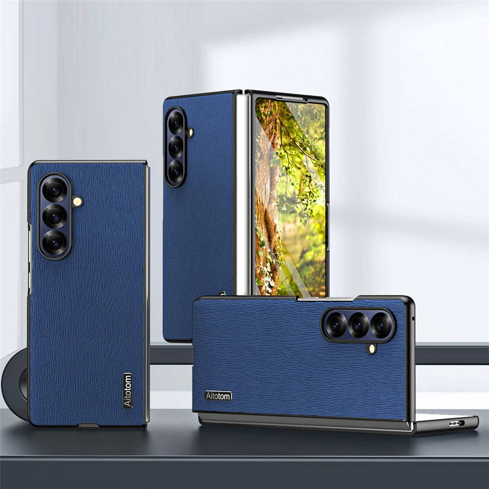 For Samsung Galaxy Z Fold7 5G Case Wood Texture PU Leather Coated PC TPU Phone Cover - Blue - Image 2