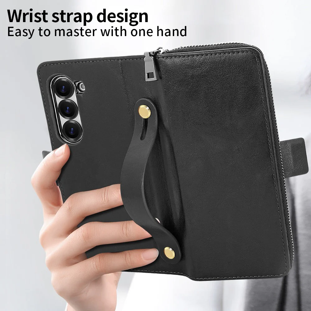 For Samsung Galaxy Z Fold7 5G Case Zipper Pocket Leather Phone Cover with Screen Protector / Stylus Pen - Black - Image 6