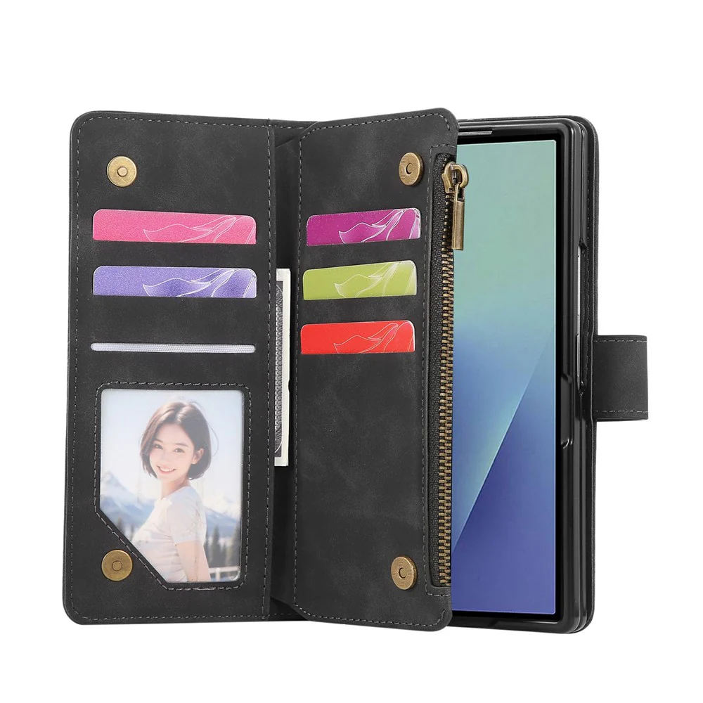 For Samsung Galaxy Z Fold7 5G Case Zipper Wallet Leather Phone Cover with Shoulder Strap - Black - Image 2