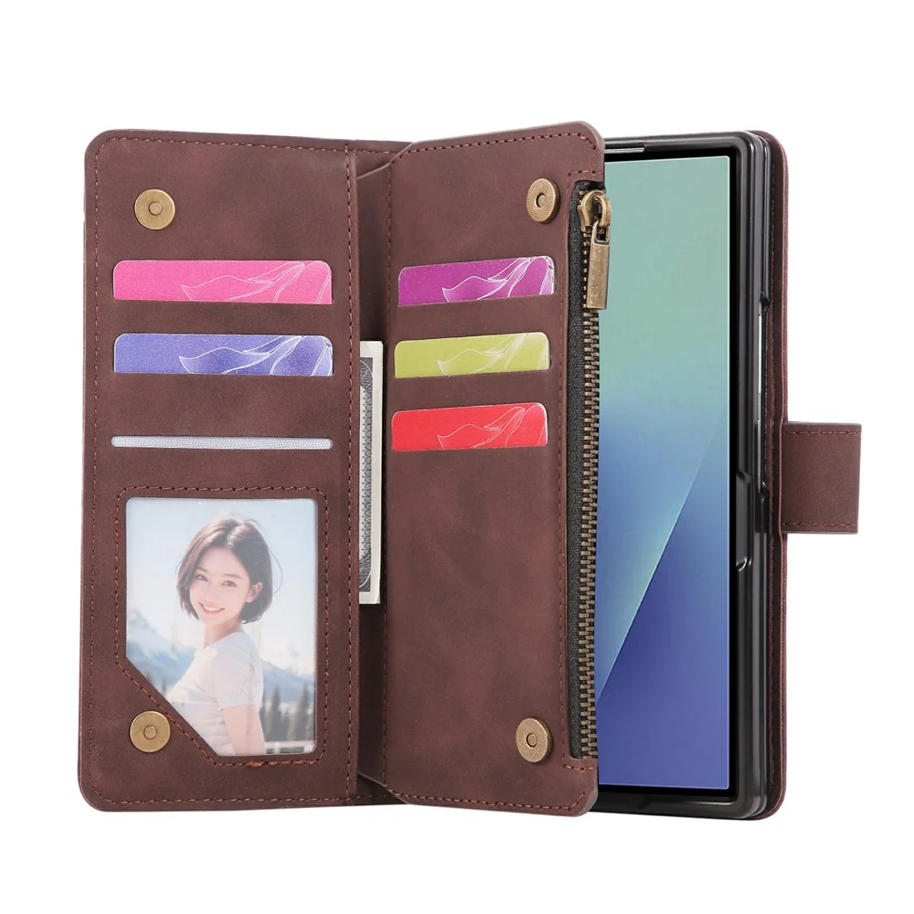 For Samsung Galaxy Z Fold7 5G Case Zipper Wallet Leather Phone Cover with Shoulder Strap - Coffee - Image 2