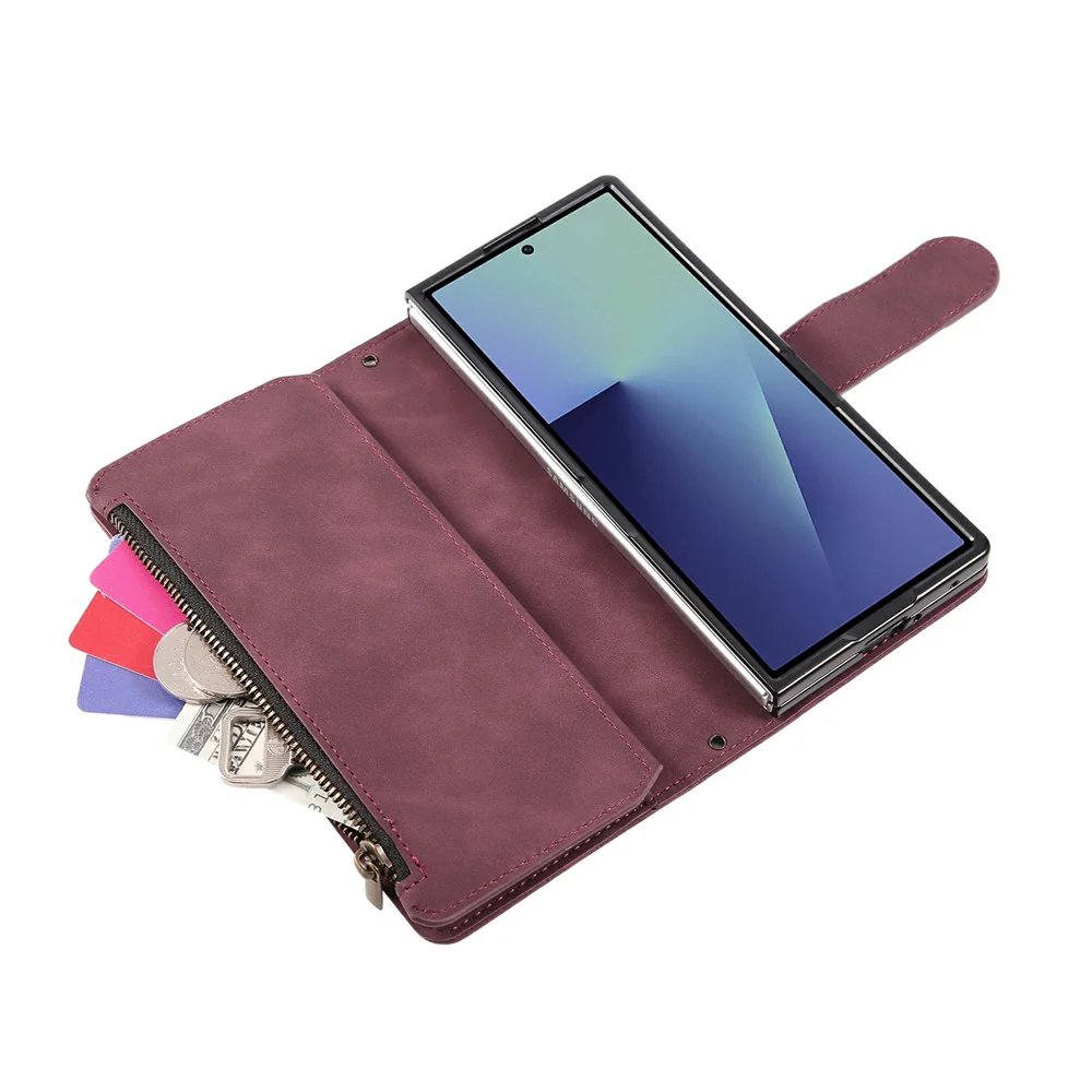 For Samsung Galaxy Z Fold7 5G Case Zipper Wallet Leather Phone Cover with Shoulder Strap - Wine Red - Image 5
