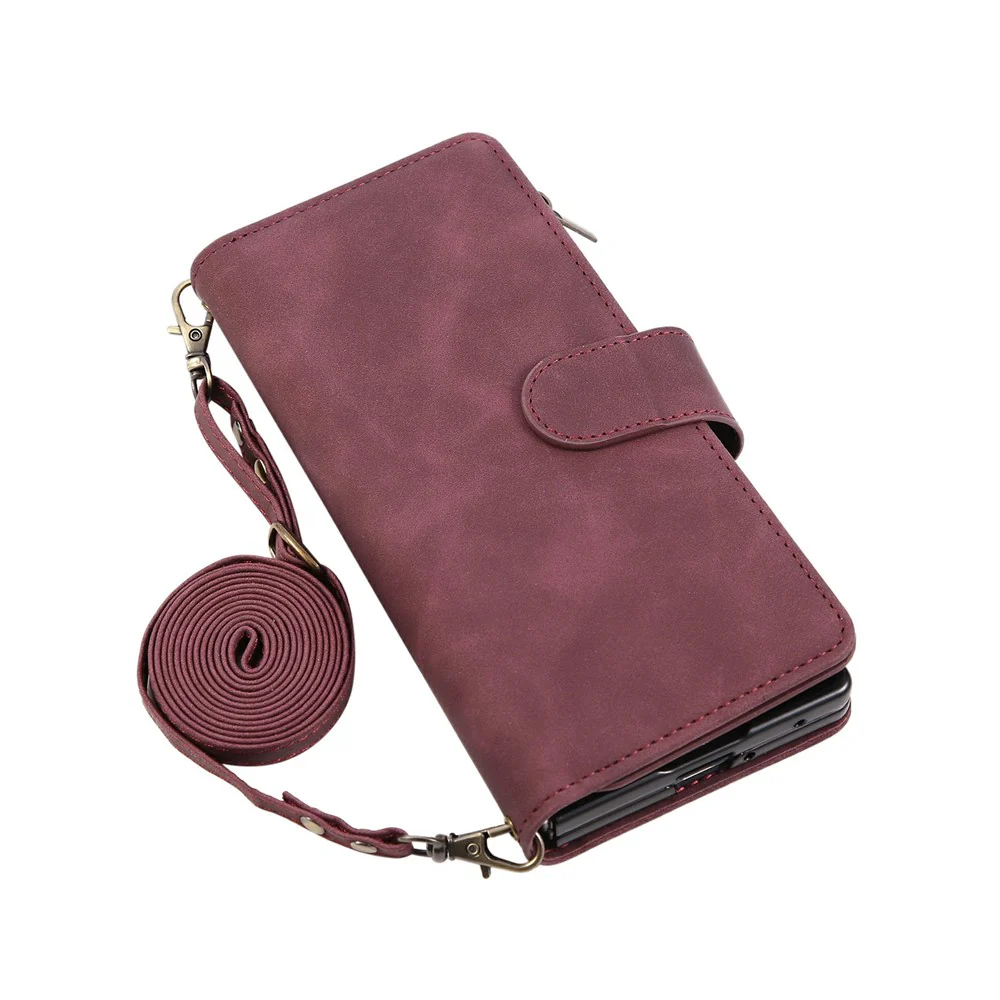 For Samsung Galaxy Z Fold7 5G Case Zipper Wallet Leather Phone Cover with Shoulder Strap - Wine Red - Image 6