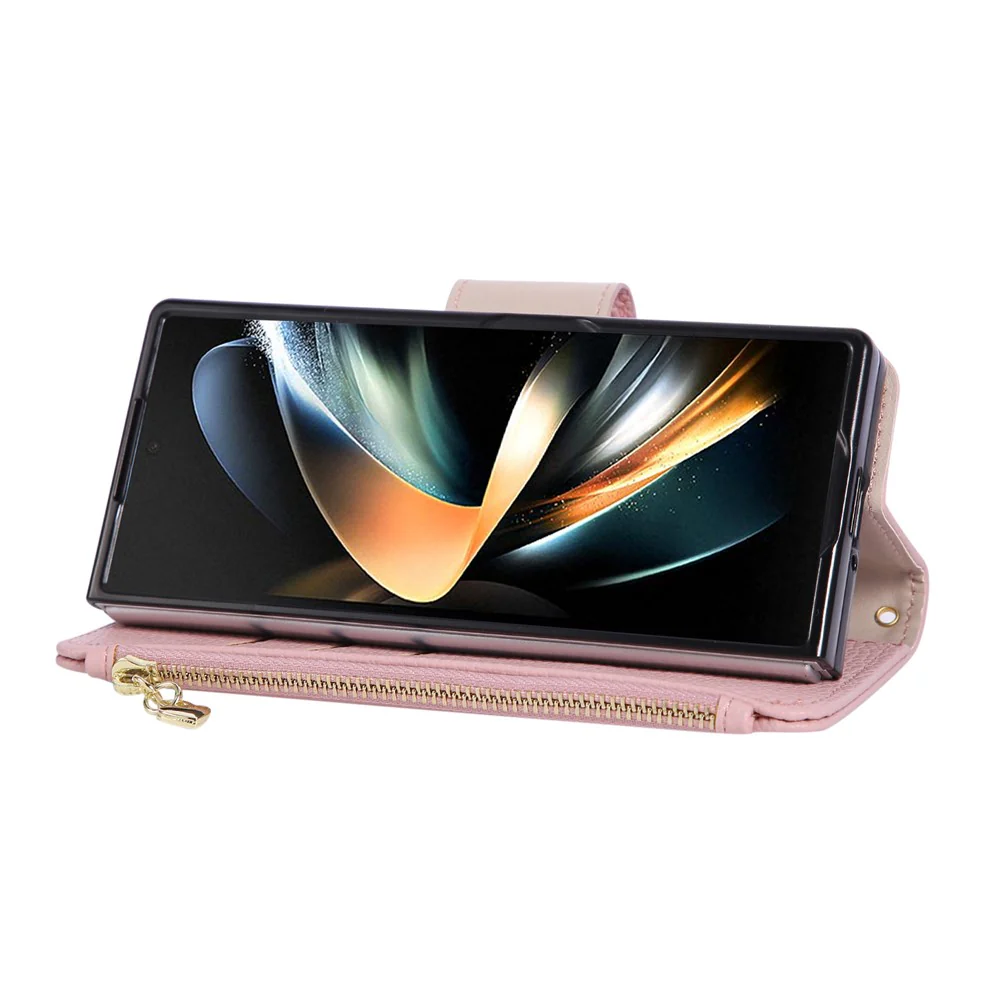 For Samsung Galaxy Z Fold7 5G Case Zipper Wallet Leather Phone Cover with Wrist Strap - Pink - Image 4