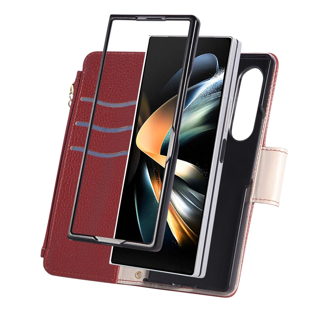 For Samsung Galaxy Z Fold7 5G Case Zipper Wallet Leather Phone Cover with Wrist Strap - Wine Red - Image 7