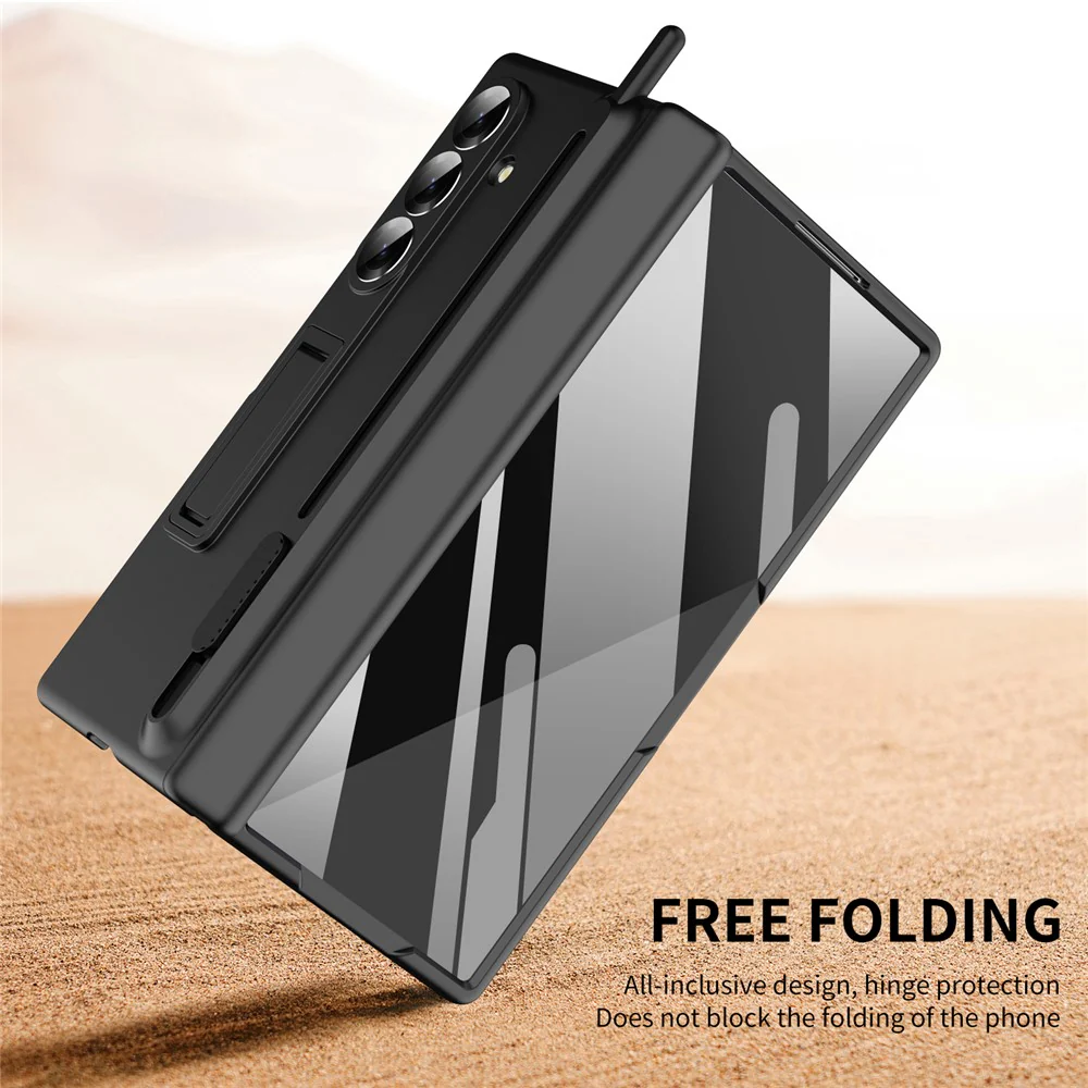 For Samsung Galaxy Z Fold7 5G Kickstand Phone Case with Tempered Glass Screen Protector and Stylus Pen - Black - Image 5