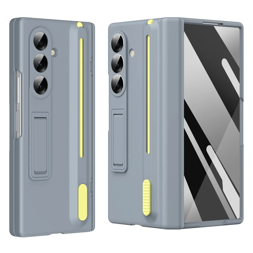 For Samsung Galaxy Z Fold7 5G Kickstand Phone Case with Tempered Glass Screen Protector and Stylus Pen - Grey