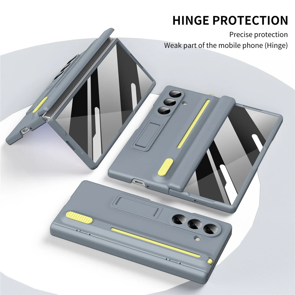 For Samsung Galaxy Z Fold7 5G Kickstand Phone Case with Tempered Glass Screen Protector and Stylus Pen - Grey - Image 4