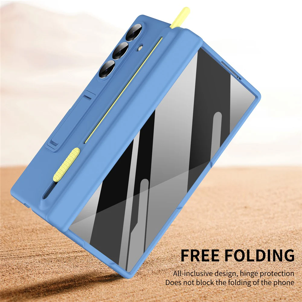 For Samsung Galaxy Z Fold7 5G Kickstand Phone Case with Tempered Glass Screen Protector and Stylus Pen - Sky Blue - Image 5