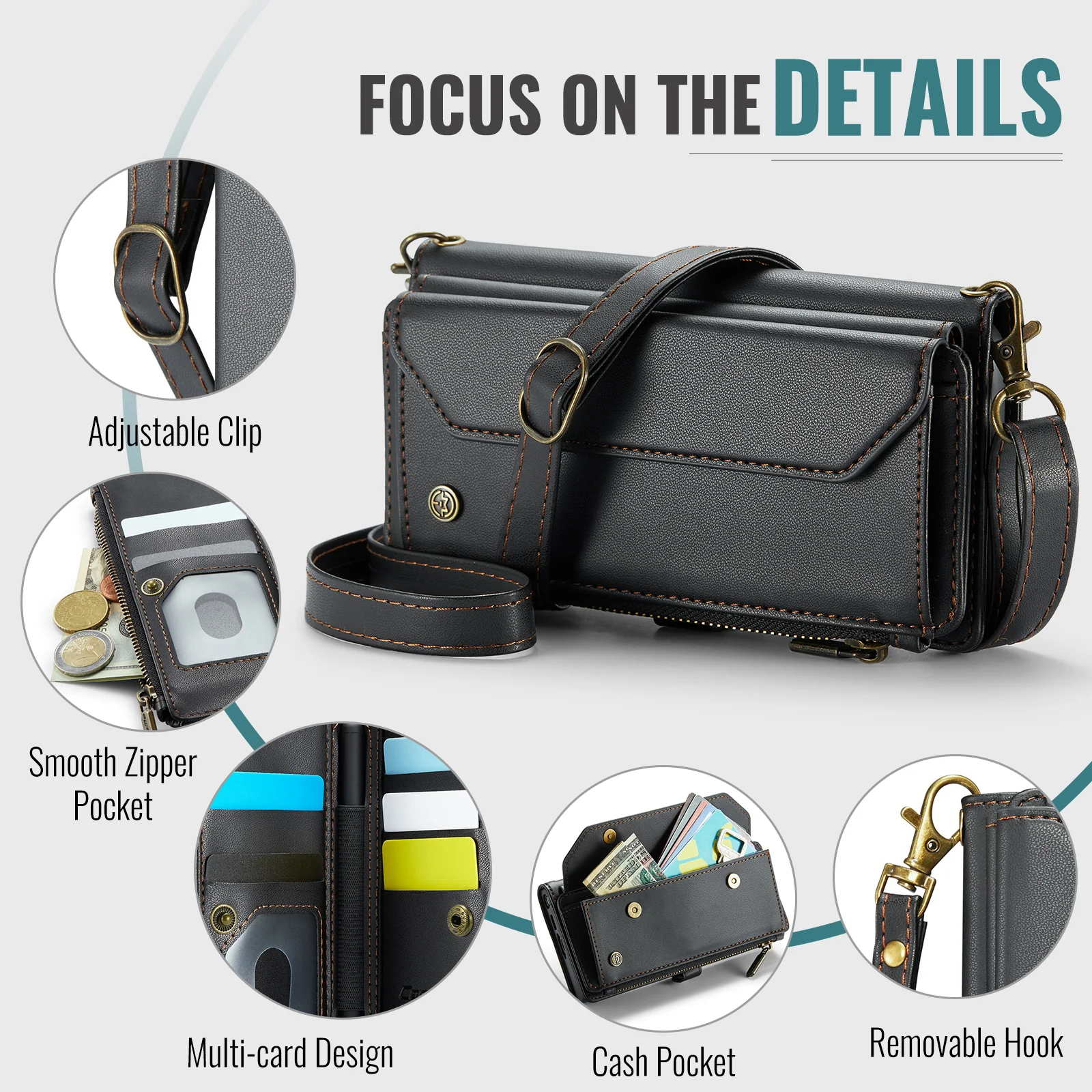 For Samsung Galaxy Z Fold7 5G Leather Case CASEME C36 Zipper 10 Card Slots Phone Cover with Straps - Black - Image 3