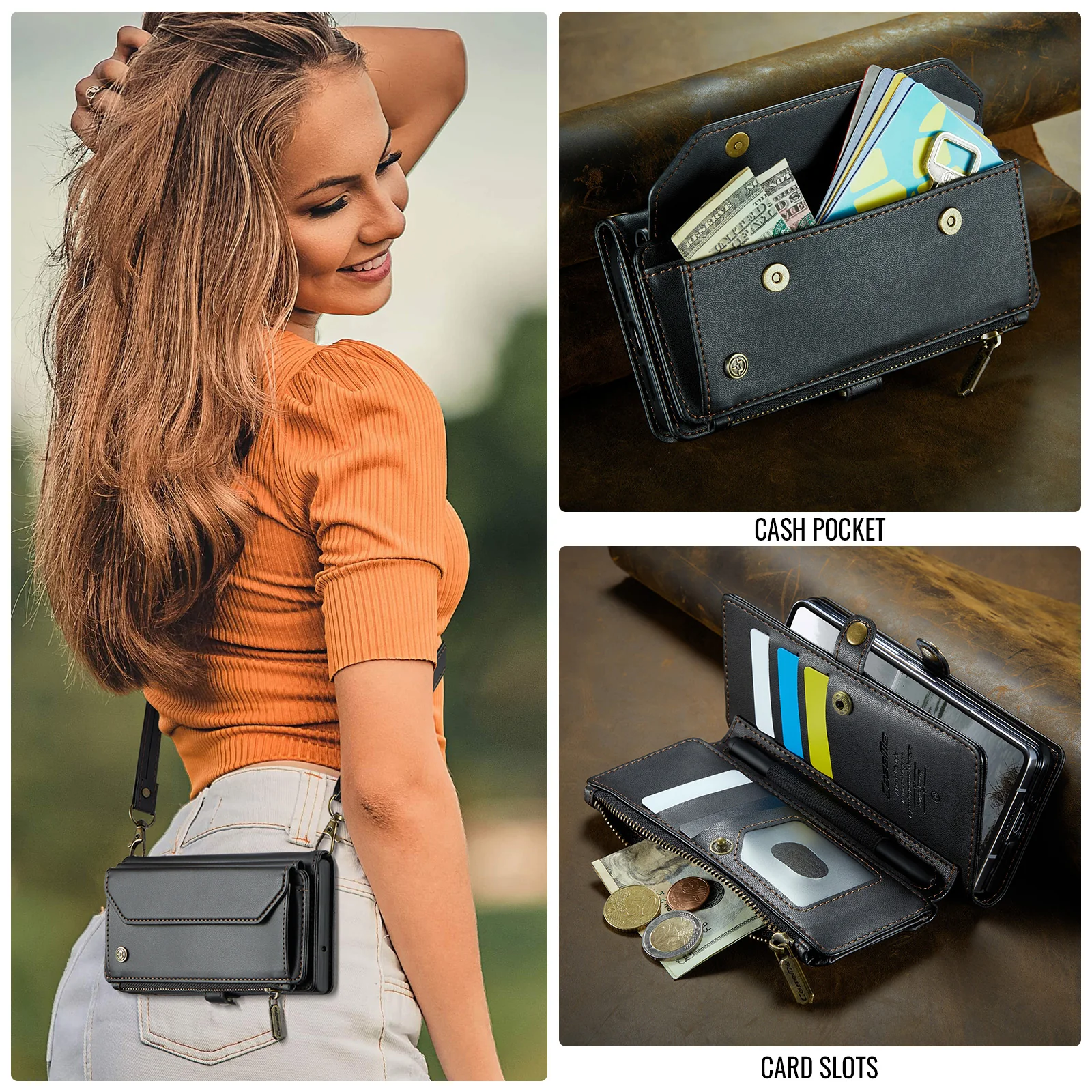 For Samsung Galaxy Z Fold7 5G Leather Case CASEME C36 Zipper 10 Card Slots Phone Cover with Straps - Black - Image 4