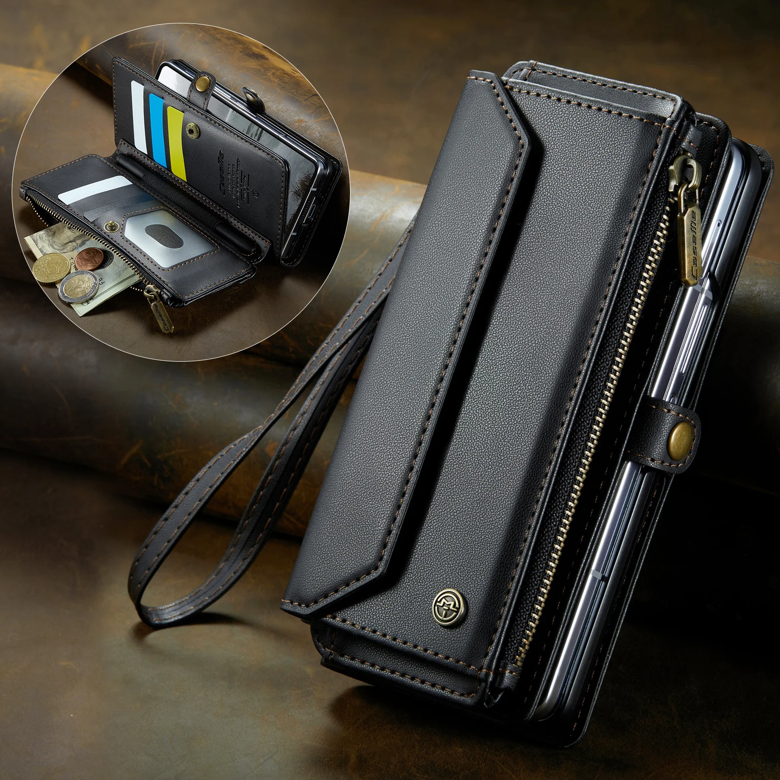 For Samsung Galaxy Z Fold7 5G Leather Case CASEME C36 Zipper 10 Card Slots Phone Cover with Straps - Black - Image 5