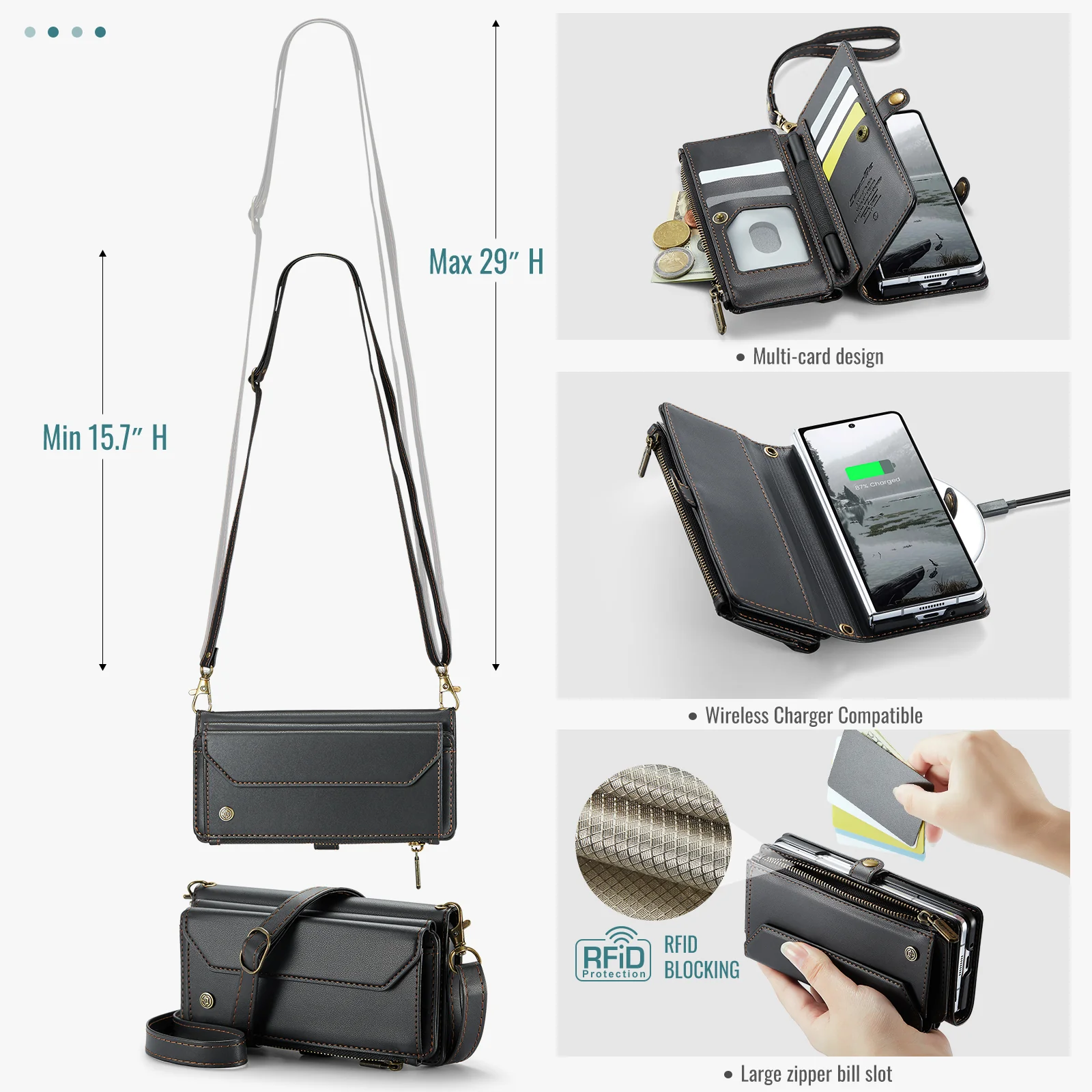 For Samsung Galaxy Z Fold7 5G Leather Case CASEME C36 Zipper 10 Card Slots Phone Cover with Straps - Black - Image 6