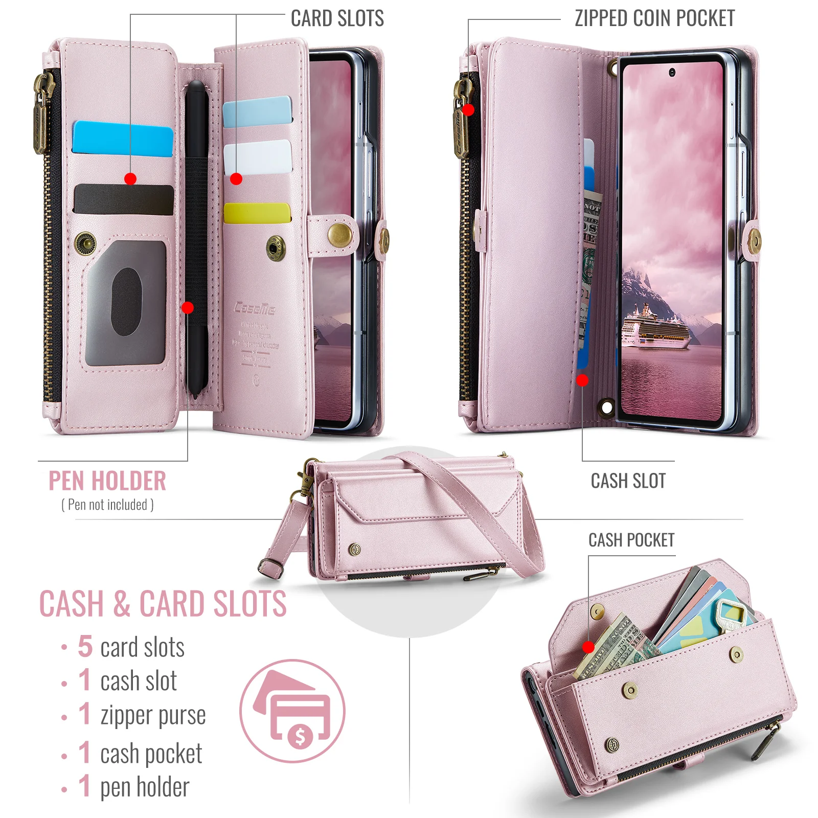 For Samsung Galaxy Z Fold7 5G Leather Case CASEME C36 Zipper 10 Card Slots Phone Cover with Straps - Pink - Image 2