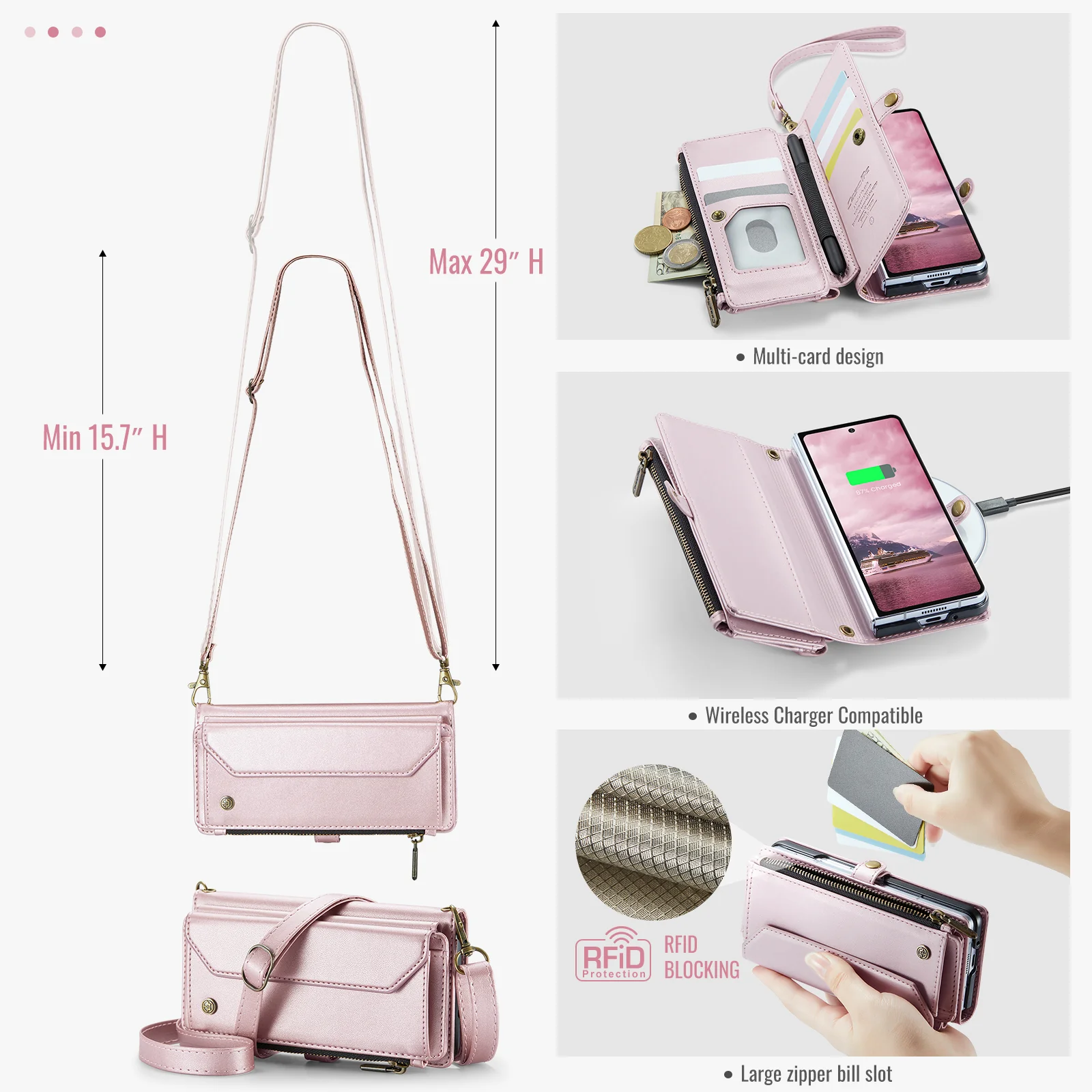 For Samsung Galaxy Z Fold7 5G Leather Case CASEME C36 Zipper 10 Card Slots Phone Cover with Straps - Pink - Image 6