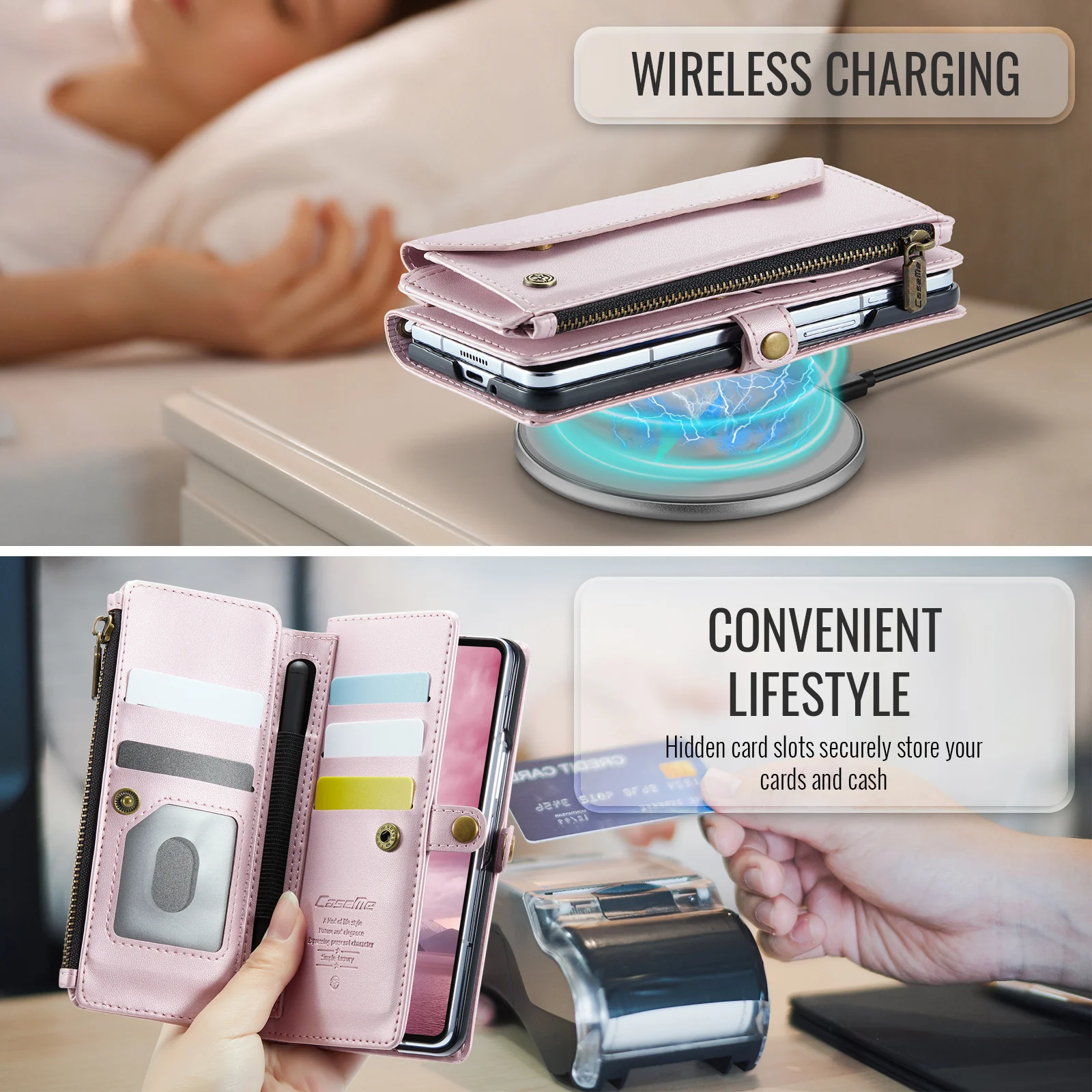 For Samsung Galaxy Z Fold7 5G Leather Case CASEME C36 Zipper 10 Card Slots Phone Cover with Straps - Pink - Image 8