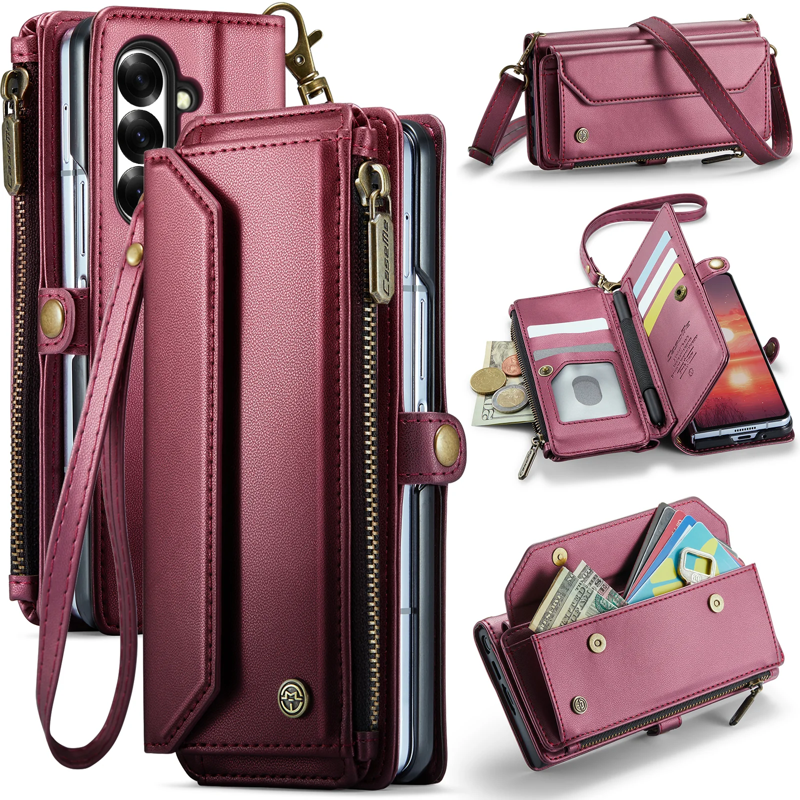 For Samsung Galaxy Z Fold7 5G Leather Case CASEME C36 Zipper 10 Card Slots Phone Cover with Straps - Red