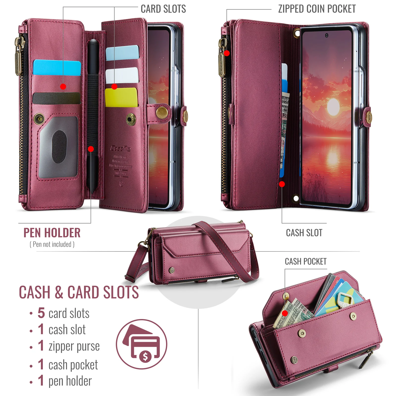 For Samsung Galaxy Z Fold7 5G Leather Case CASEME C36 Zipper 10 Card Slots Phone Cover with Straps - Red - Image 2