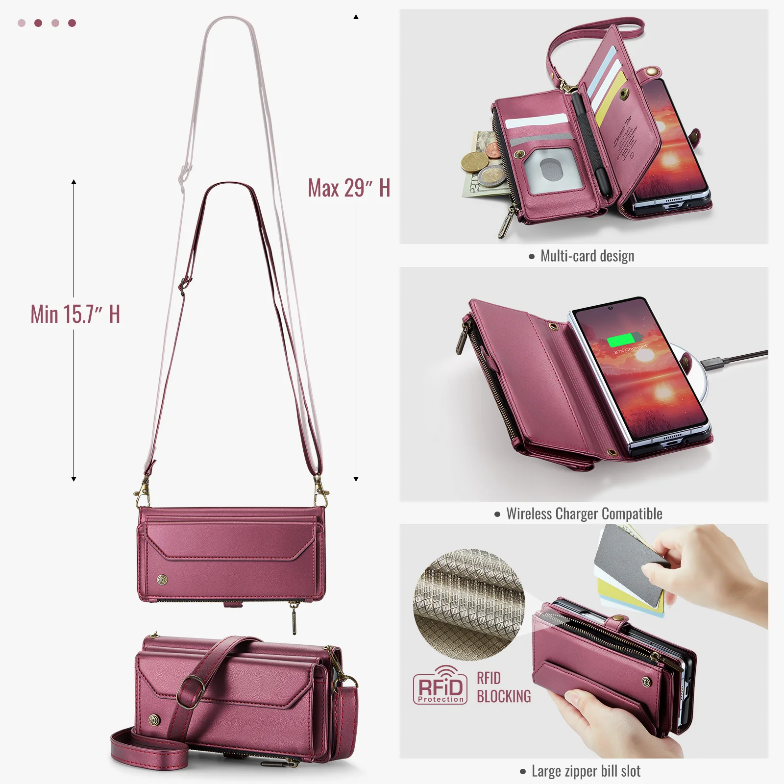 For Samsung Galaxy Z Fold7 5G Leather Case CASEME C36 Zipper 10 Card Slots Phone Cover with Straps - Red - Image 6