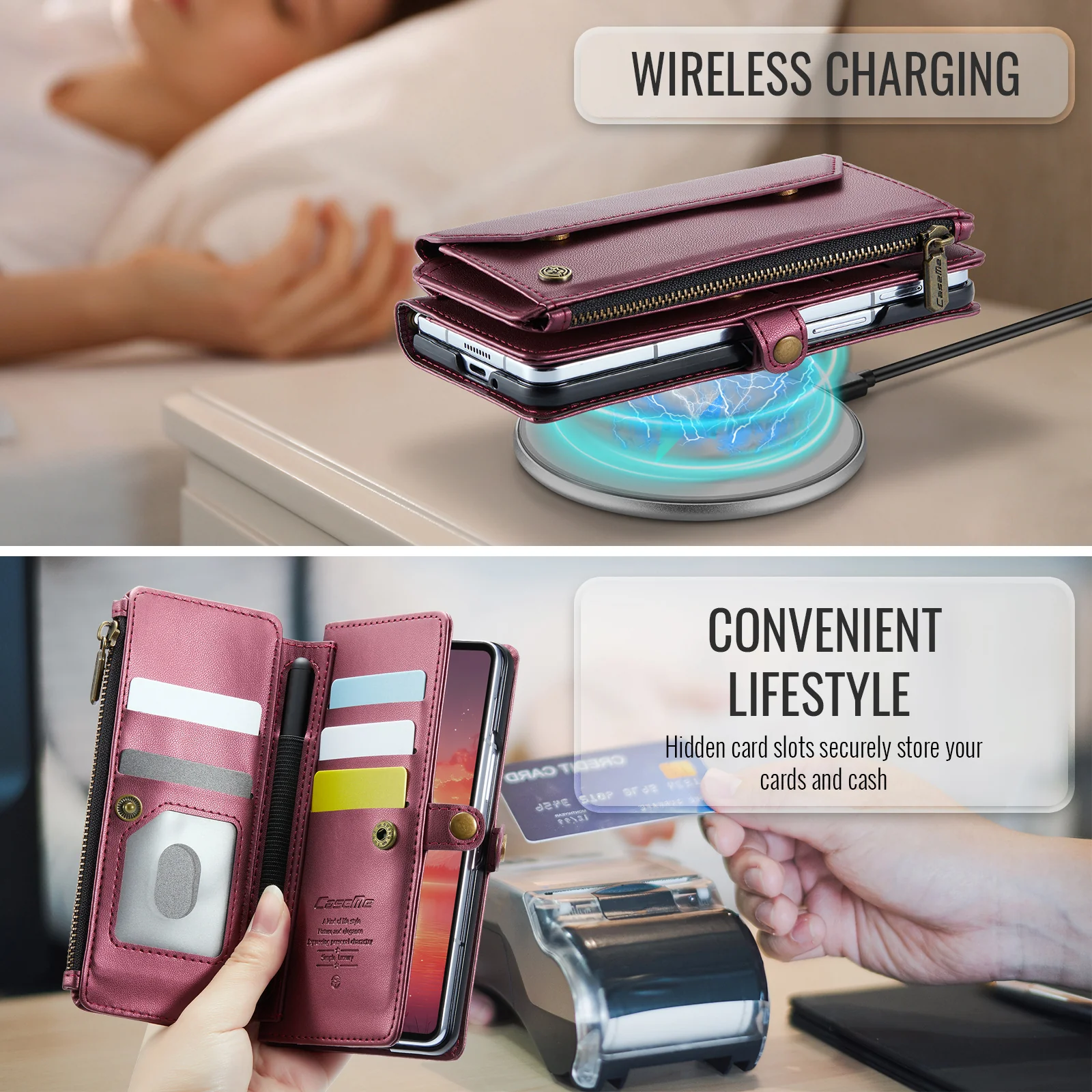 For Samsung Galaxy Z Fold7 5G Leather Case CASEME C36 Zipper 10 Card Slots Phone Cover with Straps - Red - Image 8